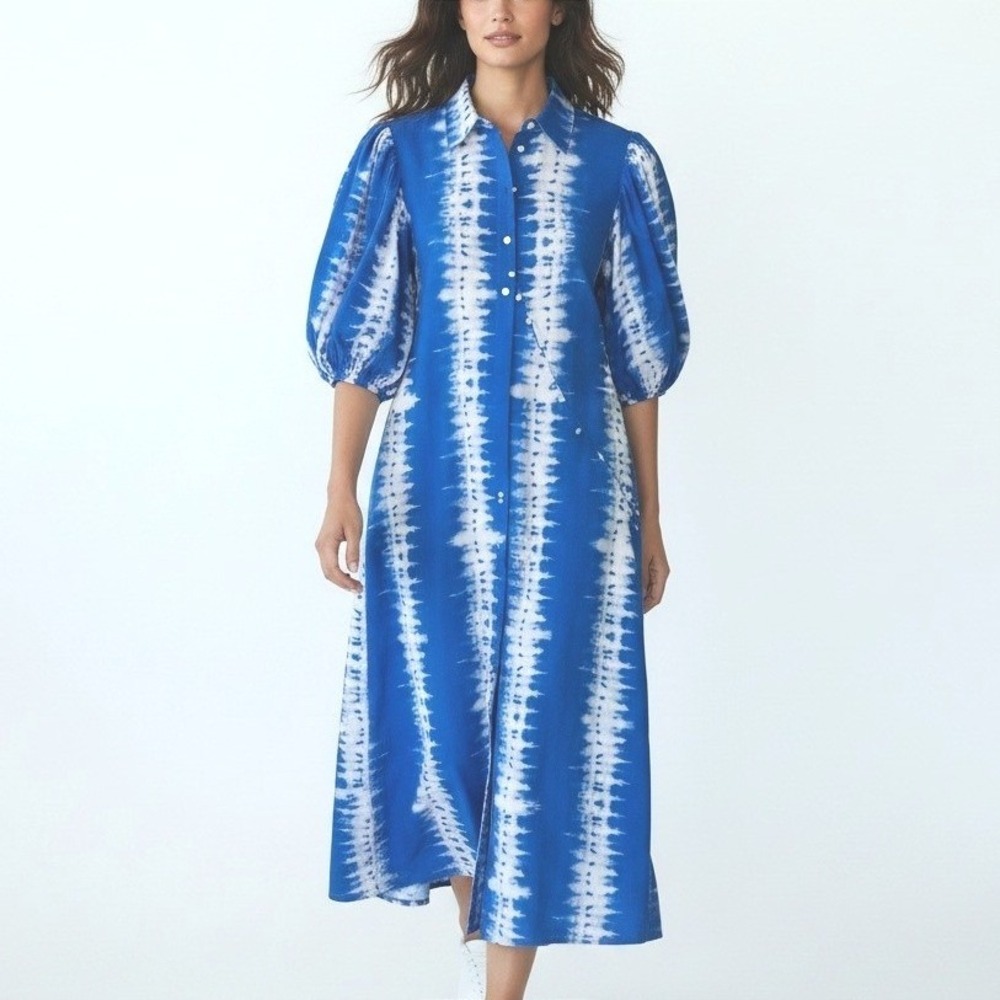 B FYNE Blue Tie Dye Asymmetrical Button Front Puff Sleeve Midi Dress Womens‎ XL